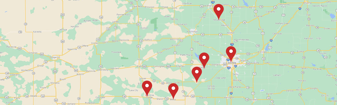 Map of south central Kansas with markers showing six office locations in Attica, Cheney, Medicine Lodge, Norwich, Wichita and Moundridge.