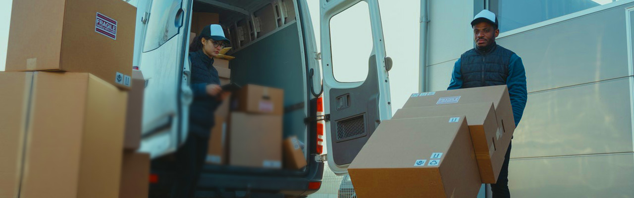 Employees unloading boxes of merchandise from a cargo van.